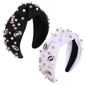 Football Headband Pearl Rhinestone Jeweled Knotted Headband Game Day Sports Hair Accessories Gift For Football Mom Fans