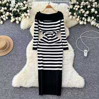 Robe décontractée printemps-automne pour femme, style chic, épaules dénudées, manches longues, rayures contrastées, robe en tricot élégante pour femme