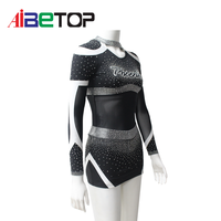 Uniforme de cheerleading de luxe noir et argenté avec strass |   Tenue de performance avec panneau en maille transparente et dos croisé