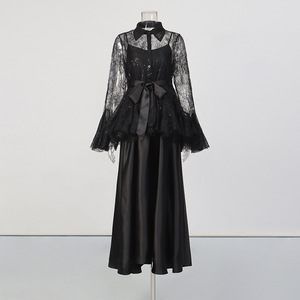 ชุดเซ็ต 2 ชิ้นสำหรับผู้หญิง เสื้อลูกไม้ประดับเลื่อมผูกเชือก ชุดเดรสยาวแฟชั่น - Product Image 3