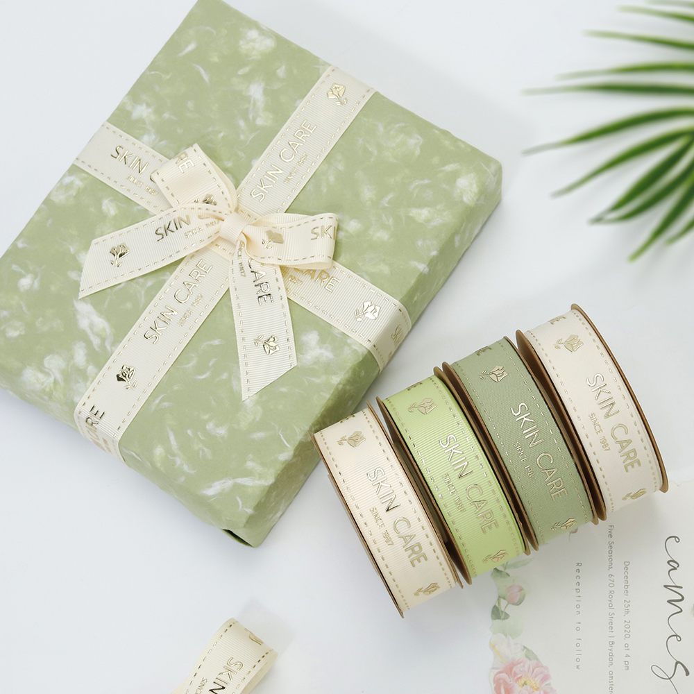 Customized Branded 100% Polyester Satin Ribbon Rose Gold Foiled Logo for Gift Wrapping and Packing