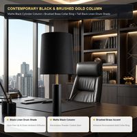 Lampe de table noire de luxe moderne, colonne en laiton, lampe de chevet en métal, abat-jour en tissu pour chambre d'hôtel