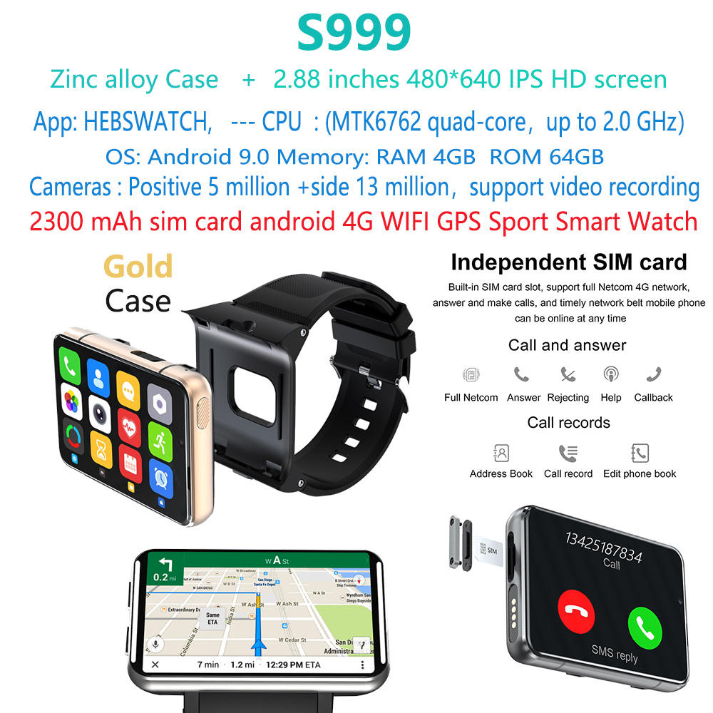 Oro s999-4GB+64GB 4g-reloj inteligente con Android