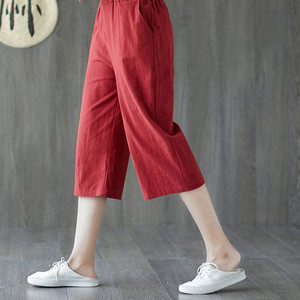 Pantalon large 7/8 taille haute en mélange coton-lin, fin et respirant, décontracté pour femme, coupe droite ample, style estival - Product Image 2