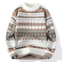 Sweater Pria Vintage Model Longgar Kerah Bulat Trendy Jepang Warna Kontras Anti Pilling Streetwear Rajutan