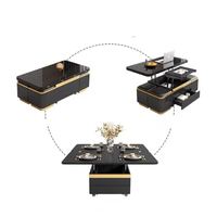 Table basse multifonctionnelle à plateau relevable, hauteur réglable avec roulettes et tabourets de rangement