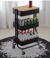 Chariot de rangement à 3 niveaux avec plateau en bois, chariot utilitaire en métal avec roulettes pour cuisine, salle de bain, bureau