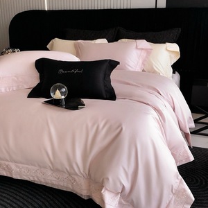 Parure de lit quatre pièces en coton longues fibres rose <span class=keywords><strong>clair</strong></span> de luxe, avec housse de couette, taie d'oreiller brodée et draps de couleur unie, ODM/OEM - Product Image 3