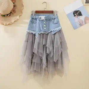 Frauen Denim Mesh Patchwork Spitzen rock Hohe Taille Eine Linie Asymmetrische Rüschen Tüll Gothic Chic Röcke mit Gürtel