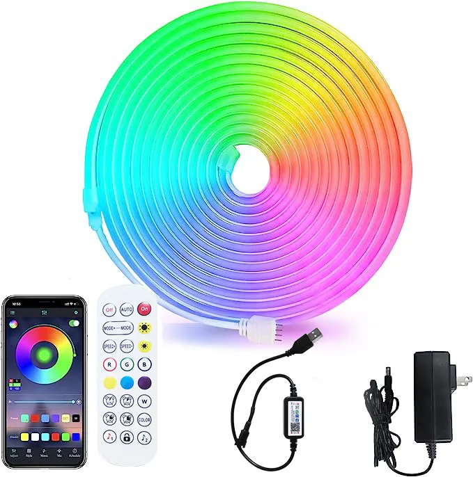 LED neon Lights with Remote APP Control IP65 Flexible Neon Strip Lights 12v RGB WS2811 IC Neon rope for Indoor Outdoors Decor