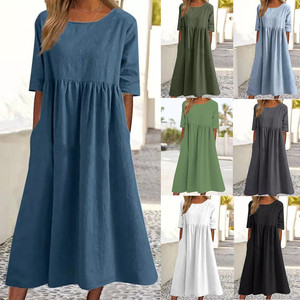 Nouvelle <span class=keywords><strong>Robe</strong></span> Mi-Longue Décontractée <span class=keywords><strong>en</strong></span> Coton et <span class=keywords><strong>Lin</strong></span> Anti-statique à Manches 3/4 <span class=keywords><strong>Grande</strong></span> <span class=keywords><strong>Taille</strong></span> Couleur Unie Printemps-Été - Product Image 2