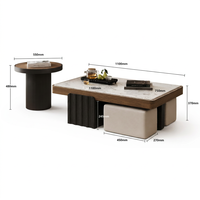 Ensemble de tables basses gigognes style mid-century, plateau en pierre frittée, structure en bois, tabourets ottoman, mobilier de salon - Vente chaude