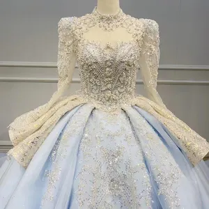 Palace Style Blue Beaded Lace Wedding Gown With Long Sleeve And Cathedral Train Wn030