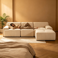 Canapé modulable convertible en L à trois places, sectionnel compressé, avec chaise longue, rembourrage en mousse HR, revêtement en tissu velours côtelé, pour appartement et hôtel