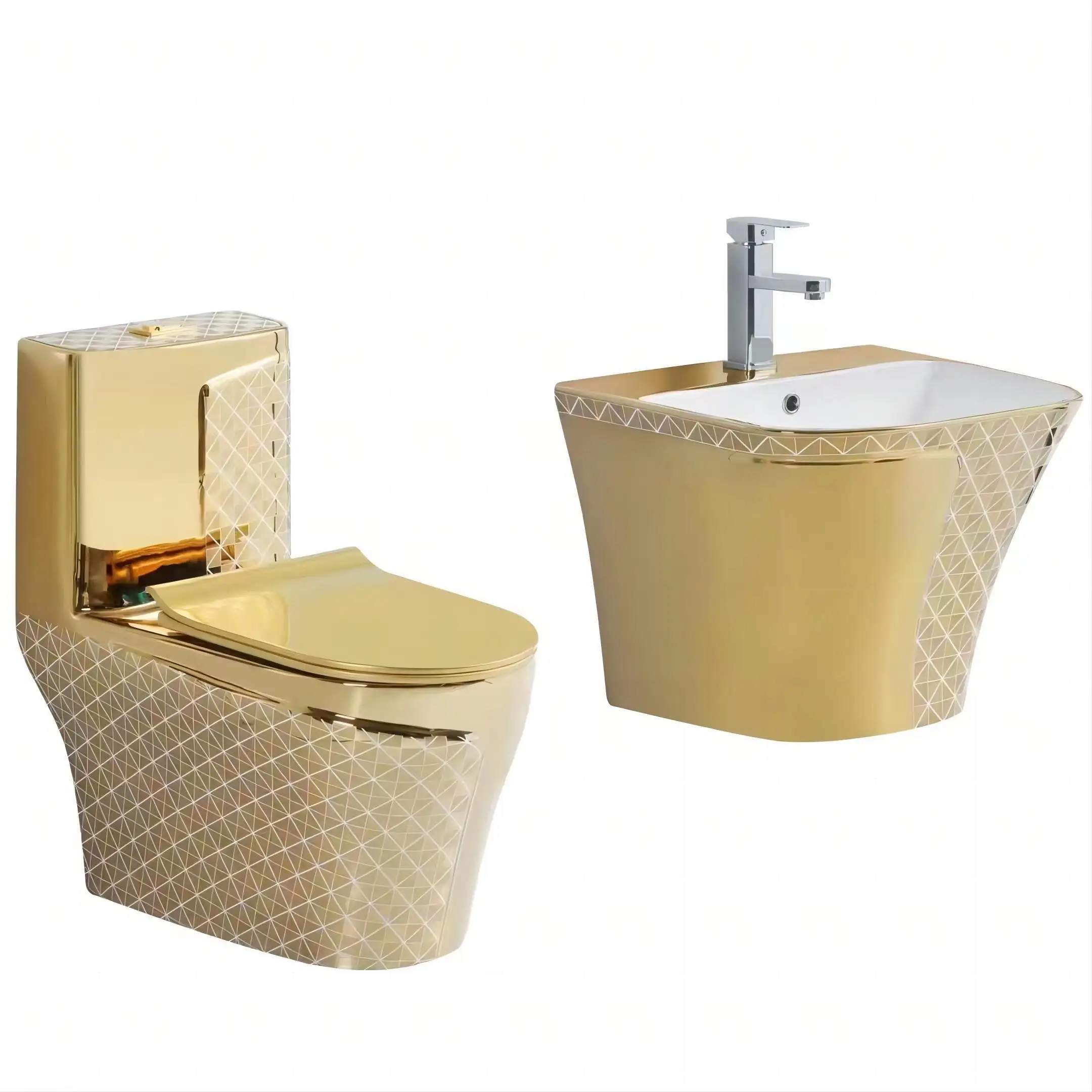 Artículos sanitarios de estilo lujoso, conjunto de inodoro de cerámica y oro con soporte chapado en oro moderno para lavabo de baño con pedestal
