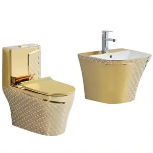 Luxury style sanitary ware fashion modern gold plated stand sink wc bowl bathroom ceramic gold toilet set with pedestal basin
