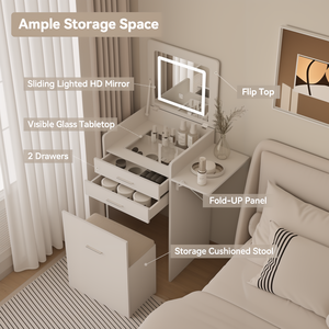 <strong>Dressing</strong> <strong>Table</strong> With Flip-Top <strong>Mirror</strong> &amp; LED Lights, Compact Makeup Desk Set With <strong>Fold</strong>-Up Panel &amp; Cushioned Storage Stool - Product Image 4