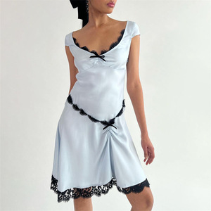 Women's Lace Trim Sleep Dress Sleeveless Short <b>Skirt</b> Smooth Splicing Design - Product Image 3