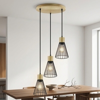 Lámpara Colgante Moderna Nórdica de 3 Luces, 220V E27, Color Negro, Jaula de Hierro, para Comedor, Cocina, Metal y Madera