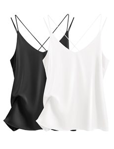 Venta al por mayor <span class=keywords><strong>de</strong></span> mujeres 95% Poliéster 5% Spandex Seda Camisa sin mangas Cuello en V Spaghetti Strap Blusas Cross Back Camisole Tank Tops - Product Image 4