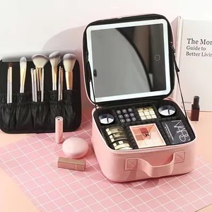 Borsa da Viaggio per il Trucco <span class=keywords><strong>con</strong></span> Grande <span class=keywords><strong>Specchio</strong></span> Illuminato, 3 Modalità di Colore LED, Organizer Cosmetico Impermeabile in Pelle PU - Product Image 3