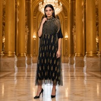 Robe Abaya à Paillettes avec Superposition en Tulle Perlé, Col Rond, Manches 3/4, Longueur Cheville, Robe de Soirée Modeste avec Doublure pour Femmes Musulmanes