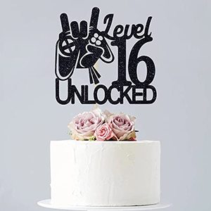 1 pièce Décoration de gâteau d'<span class=keywords><strong>anniversaire</strong></span> débloquée à 16 niveaux, Thème jeu vidéo noir, Décoration de fête pour gagnants 'Level Up' - Product Image 5