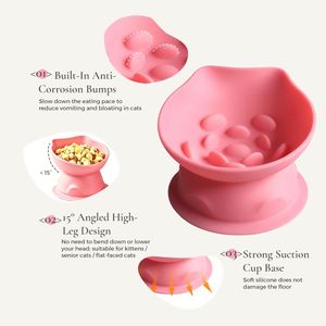 Food Grade Silicone Elevated <b>Cat</b> Bowl 15° Tilted Slow <b>Feeder</b> Pet Bowl Suction Base Neck Protection Anti-Vomiting Whisker Relief - Product Image 3