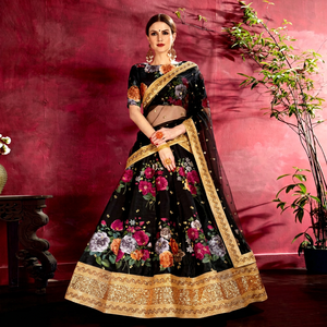 Black Floral Print <b>Lehenga</b> Choli Silk Saree Set Embroidered Festival Wedding Outfit - Product Image 1