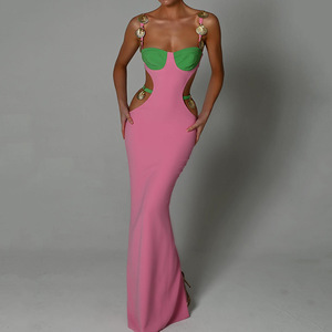 Vestido Halter con Bloques de Color y Espalda Descubierta, Corte A, Cintura Baja, Tela de Poliéster, Vestido de Moda Otoñal - Product Image 2