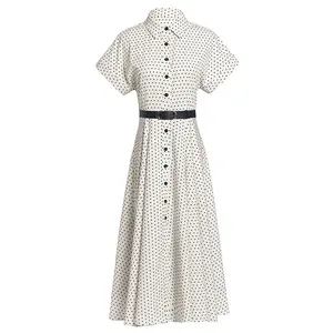 Turn Down Collar Buttons Up Women Short Sleeves Maxi Elegant Lady Black Polka Dot White Dress