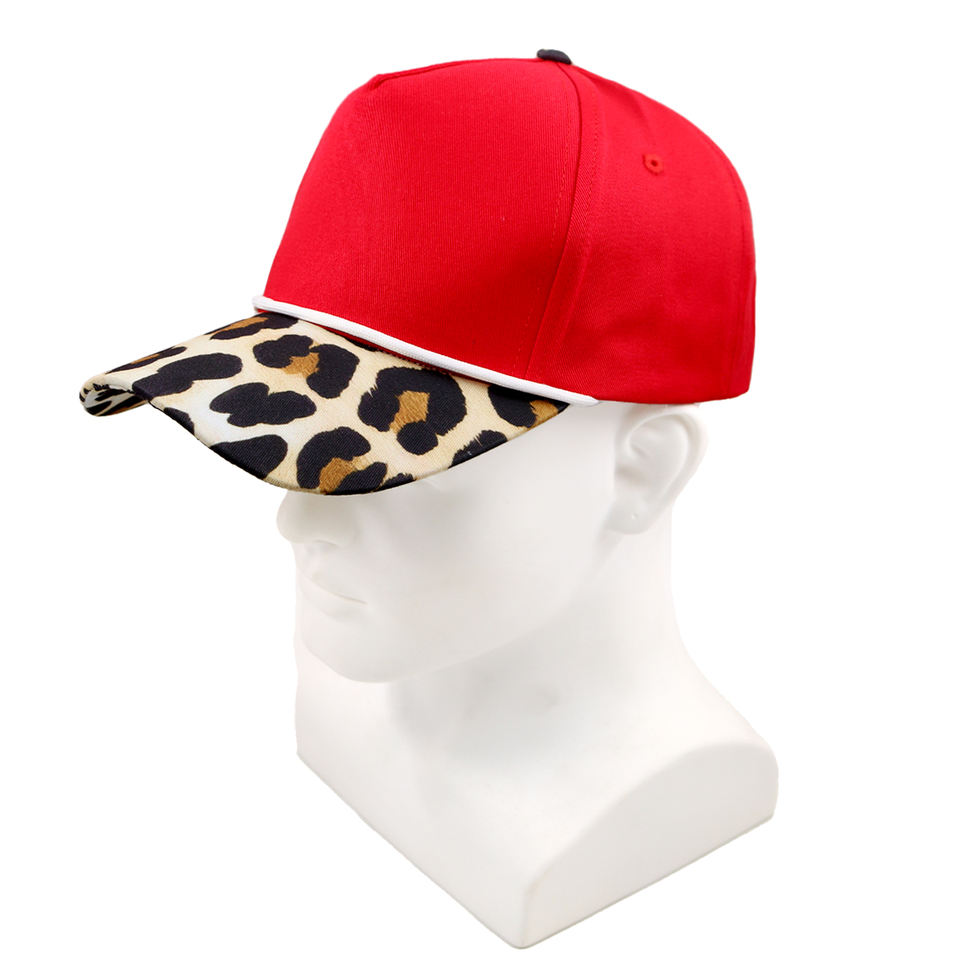 Custom logo Embroidery 5 Panel Two Tone Cap Red Leopard Print Curved ...