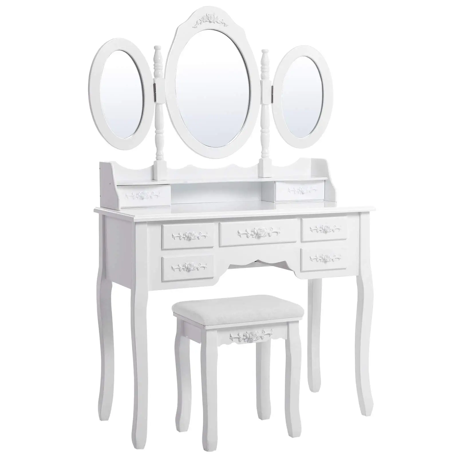 Wholesale Private Label Dressing Table With Mirror,large chest of drawers with 3 folding mirrors 7 drawers and stools