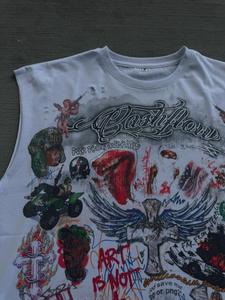 T-Shirt in cotone personalizzato per <span class=keywords><strong>uomo</strong></span> con schermo grafico completo stampa Dtg maglietta bianca con bordo arrotolato senza maniche da <span class=keywords><strong>uomo</strong></span> - Product Image 2