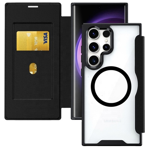 Luxury Leather-Style Magnetic Wallet Case for Samsung Galaxy S24 Ultra S24 Plus Clear Back Folio Case for Samsung S23 Ultra S23