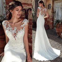 Robes de mariée personnalisées à manches courtes avec appliques en dentelle, col rond élégant et traîne courte