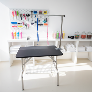 Equipo de Belleza, Mesa de Peluquería Plegable de Altura Ajustable con Elevación Neumática, Mesa Redonda de Acero Inoxidable para <span class=keywords><strong>Perros</strong></span>, Mesa de Peluquería para Exposiciones Caninas - Product Image 1