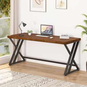 Escritorio de ordenador moderno de 1,52 m de largo para oficinas en casa, mesa de madera maciza y tubos de acero para trabajo administrativo y estudio para villas - Product Image 1