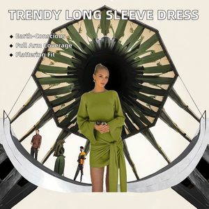 Vestido Mini Ceñido con Cuello Redondo y Manga Linterna, Detalle de Lazo Cruzado, Verde Sólido, Elegante para Fiesta, Vestido Ajustado de Otoño para Mujer - Product Image 2