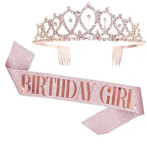hot sale unique glitter happy birthday girl sashes set sash and tiara crown for party decoration