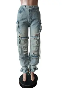 C2441 Hot Selling Fashion Design Retro Casual Multi Pocket Denim Pants For Women's Jeans