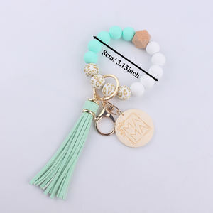 妈妈硅胶串珠手链女钥匙扣可爱波西米亚流苏汽车腕带手镯钥匙扣木制圆形吊坠 - Product Image 4