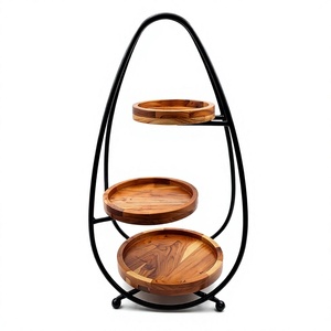 Support à 3 niveaux en bois rond avec cadre en métal noir, présentoir décoratif pour la maison, la cuisine et le comptoir - Product Image 1
