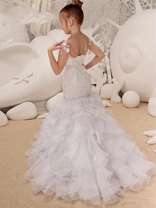 Vestidos de Niña con Flores de Sirena para Boda, Apliques de Encaje Floral, Mangas Cortas con Volantes, Vestidos de Dama de Honor <span class=keywords><strong>Junior</strong></span>, Vestido de Niña Pequeña - Product Image 3
