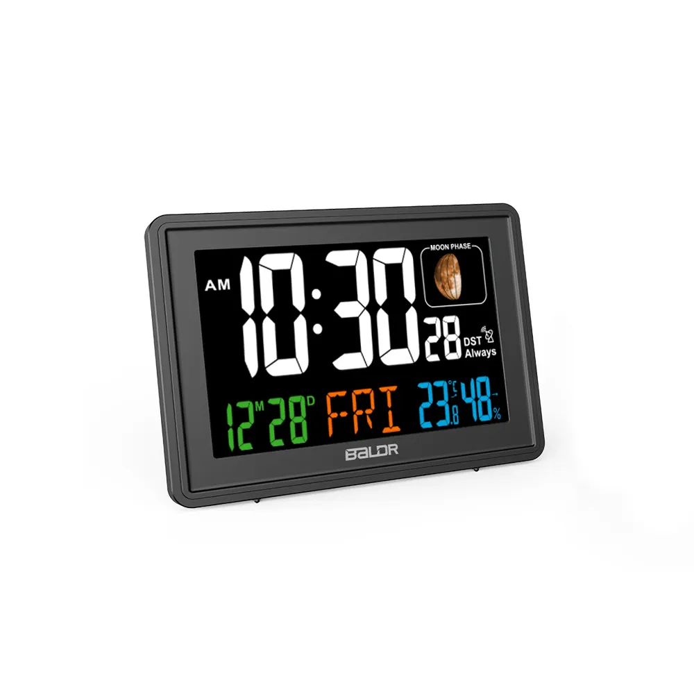 Digital LCD Color Display Alarm Clock with Moon Phase Temperature and Humidity Meter Room Clock Wall Mounted Table Stand
