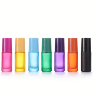 Hot Selling 5ml Colorful Frosted Colored Glass Roll On Bottles Empty Mini Portable Essential Oil Roller Bottle With Plastic Cap