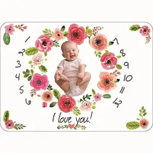 Photography Custom with various designs gender neutral baby monthly milestone new born fleece circular blanket wreath cotton