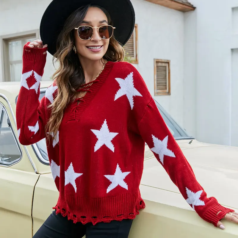 Custom Sweet Knit Tapestry Knitted Lace Up Sexy V Neck Sueter Sweater Five Star Jacquard Chandail Loose Sweater For Women