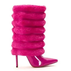 Anmairon 2023 latest design ankle boots hot pink patent leather womens shoes sexy pink mink fur mid-calf knee boots