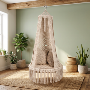 Silla Columpio de Patio Estilo Costero Hecha a Mano de Algodón, Asiento Colgante Tipo Hamaca con Toldo y Flecos, Diseño Personalizado para Muebles de Exterior - Product Image 3